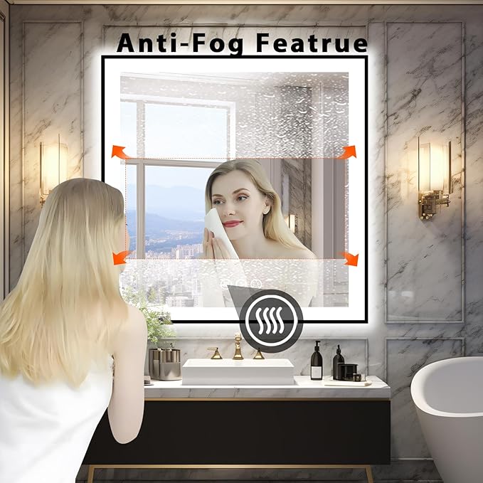 36x36 Square Lighted Bathroom Mirror, Wall-Mounted, Black Rim Mirror, Vanity(Front and Backlit), Stepless Dimmable CRI90+, Anti-Corrosion, Anti-Rust, Touch Sense, Memory(Horizontal/Vertical)