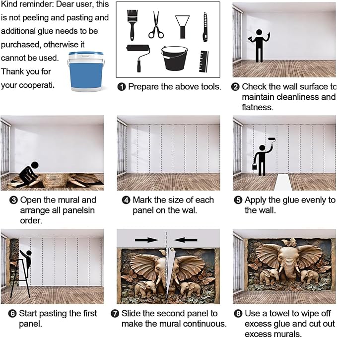 African Elephants Mural Wallpaper, Greek Reliefs Murals, Butterflies Flowers Murals Wallpaper for Living Room Bedroom Home Decor Mural - 55" W x 28" H (Not Peel Stick)