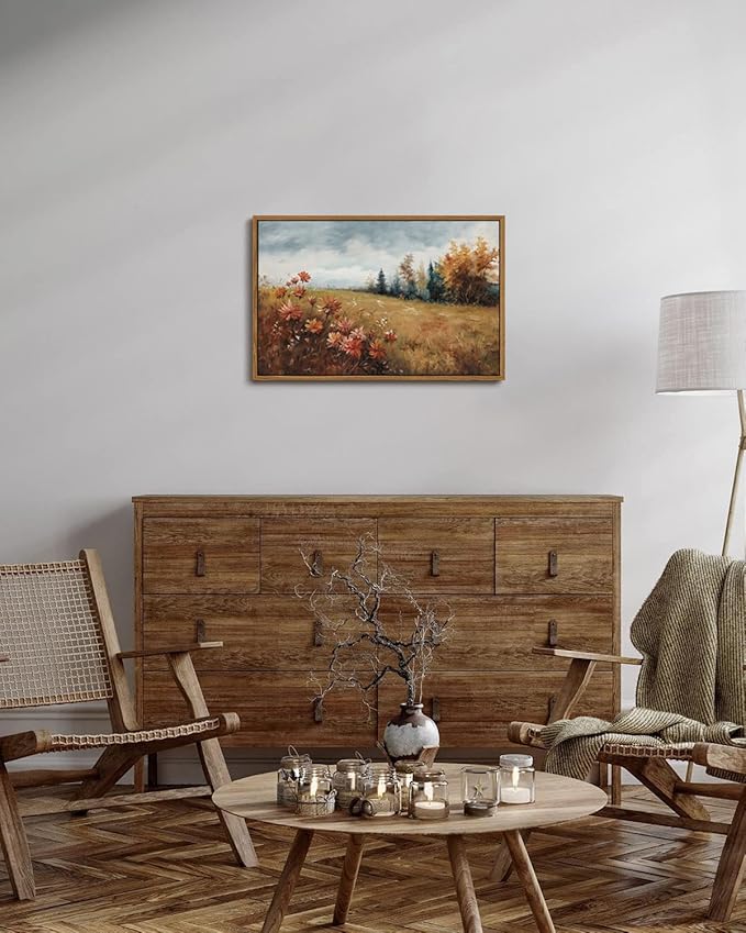 KISSFOX Vintage Fall Countryside Framed Wall Art Autumn Wildflower Forest Landscape Canvas Art Farmhouse Floral Golden Fields Paintings Artwork Rustic Serene Art Prints For Kitchen Living room Bedroom