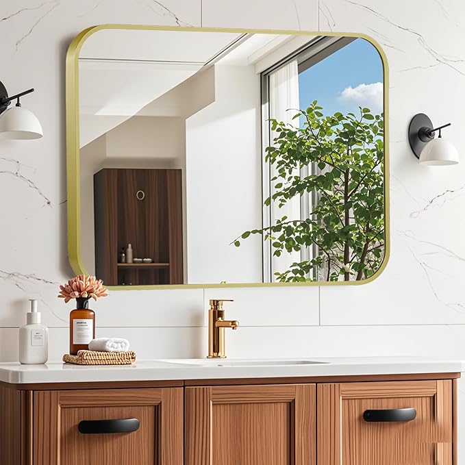 26x38 Inch Gold Mirror, Framed Rectangle Mirror with Rounded Corner, Brushed Brass Mirror, Gold Bathroom Mirror for Over Sink, Vanity, Living Room, Bedroom, Horizontal/Vertical