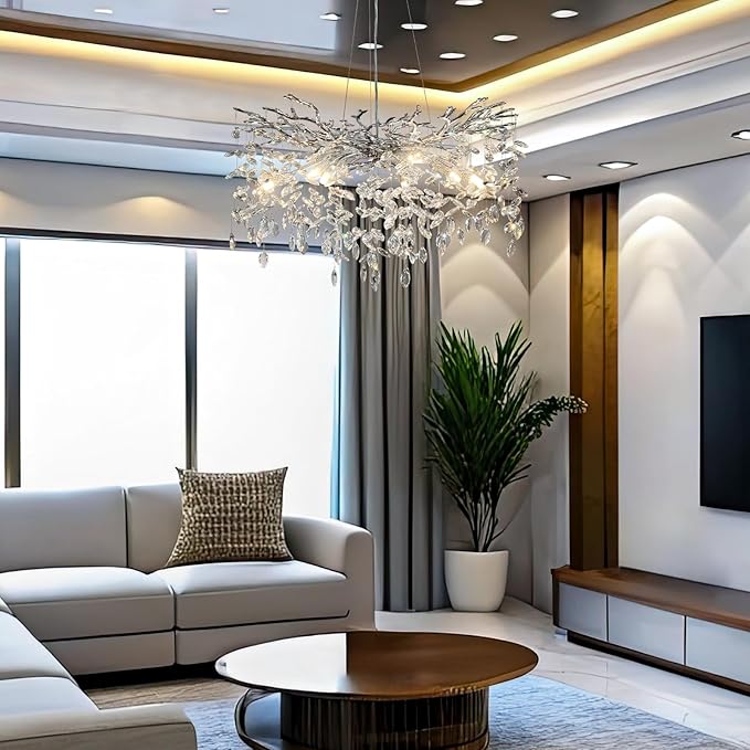 30" Silver Crystal Chandelier, 10-Light Tree Branch Chandelier for Dining Room, Modern Round Chandeliers for Living Room, Foyer, Entryway, Bedroom, Kitchen, Luxury K9 Crystal Raindrop Light Fixture