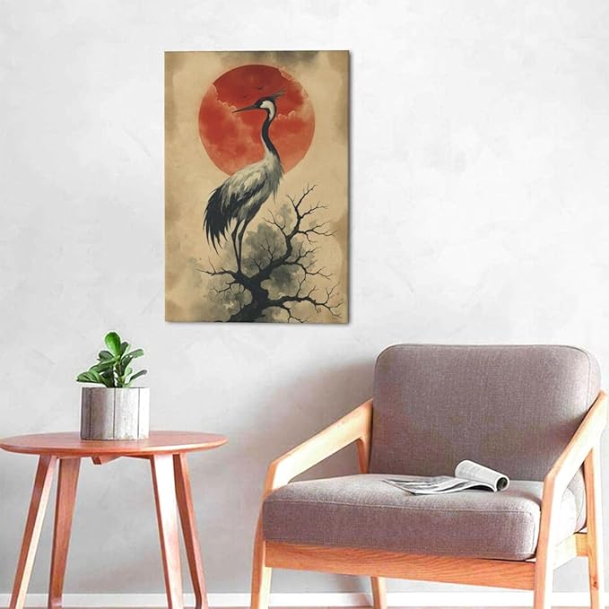 Japanese Crane Wall Art Oriental Asian Wall Decor Sandhill Crane Canvas Pictures Paintings Prints Japan Traditional Aesthetic Artwork Framed Chinese Decorations For Bedroom Living Room Office Gifts 16" x 24"