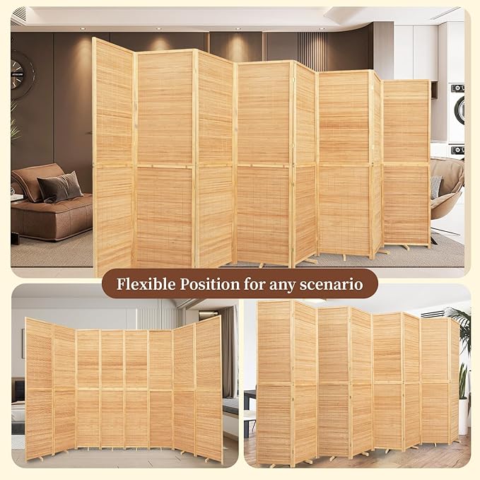 Bamboo Room Divider 8 Panel Wall Divider, 142'' W x 67'' H Folding Design with Extra Stable Base, 100% Bamboo Room Divider Screen for Room Separation, Chinese Room Partitions and Dividers Freestanding