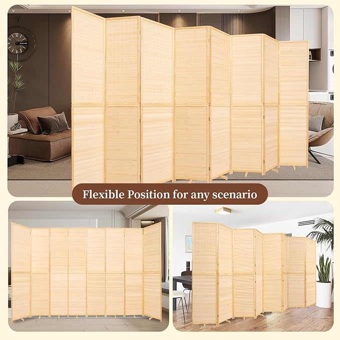 Bamboo Room Divider 8 Panel Wall Divider, 67'' H Folding Design with Extra Stable Base, 100% Bamboo Room Divider Screen for Room Separation Partitions Dividers Freestanding (Beige, 142‘’W x 67''H)