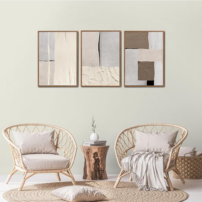 LHIUEM Abstract Neutral Framed Canvas Wall Art Set of 3(12”X16”) Mid Century Beige Textured Wall Decor Brown Wall Art Wood Framed Photography Gray Pictures Above Couch for Living Room Bedroom Office