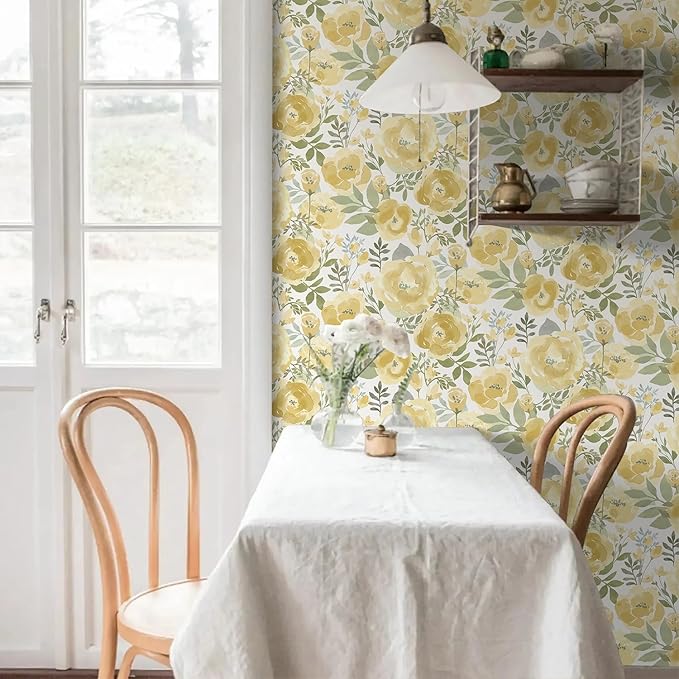 Orainege Floral Wallpaper Peel and Stick Wallpaper 16.9inx118.1in Self Adhesive Wallpaper Boho Contact Paper Removable Decorative Wall Paper for Bedroom Bathroom Shelf Liner Decor Vinyl,Yellow