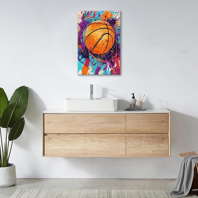 Banksy Basketball Wall Art Graffiti Basketball Decor for Boys Room, Colorful Sports Pictures Street Canvas Painting Home Decorations for Bedroom Boys Room Teen Kids Playroom Framed 16"x24"