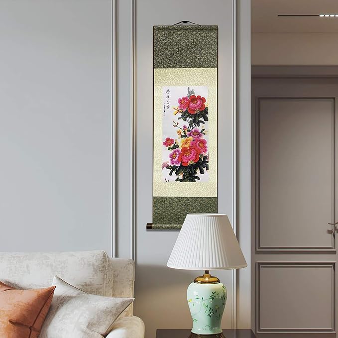 AtfArt Asian Wall Decor Beautiful Silk Scroll Painting Flower - Prosperity - Enjoy Honor and Distinction Oriental Decor Chinese Art Wall Scroll Wall Hanging Painting Scroll (39 x 12 in)
