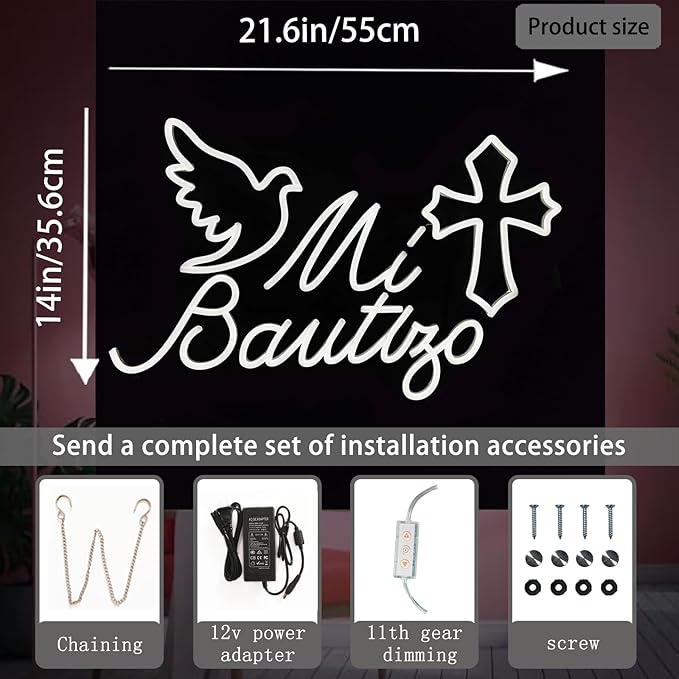 Mi Bautizo Neon Sign, 21.6 * 14 inches, Cold White, Perfect For Children's Birthday Decoration, Baptism Party, Bedroom, Birthday Party, Christmas