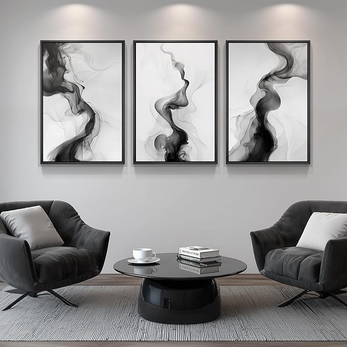 Large Framed Black and White Abstract Wall Art for Living Room, Set of 3 Modern Canvas Prints Paintings Artwork for Walls -Minimalist Pictures for Hallway, Bedroom, Office Wall Decor 24x36 In