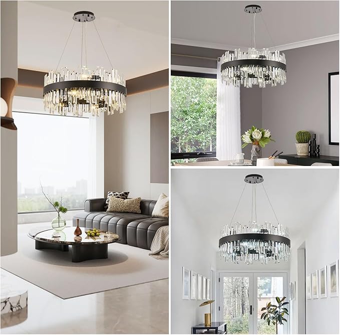 24'' Modern Black Crystal Chandeliers for Dining Room,2 Tiers K9 Crystal 12-Lights Luxury Chandelier Light Fixture Contemporary Pendant Ceiling Light for Living Room Kitchen Island Foyer