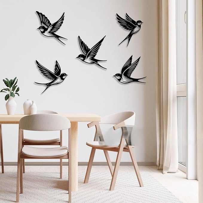 LIYOUYA 5 Pieces Metal Bird Wall Decor - Rustic Farmhouse Room Decor Simple Bird Flock Black Wall Art Home Decor for Living Room, Bedroom, Dining Room, Farmhouse (Black)