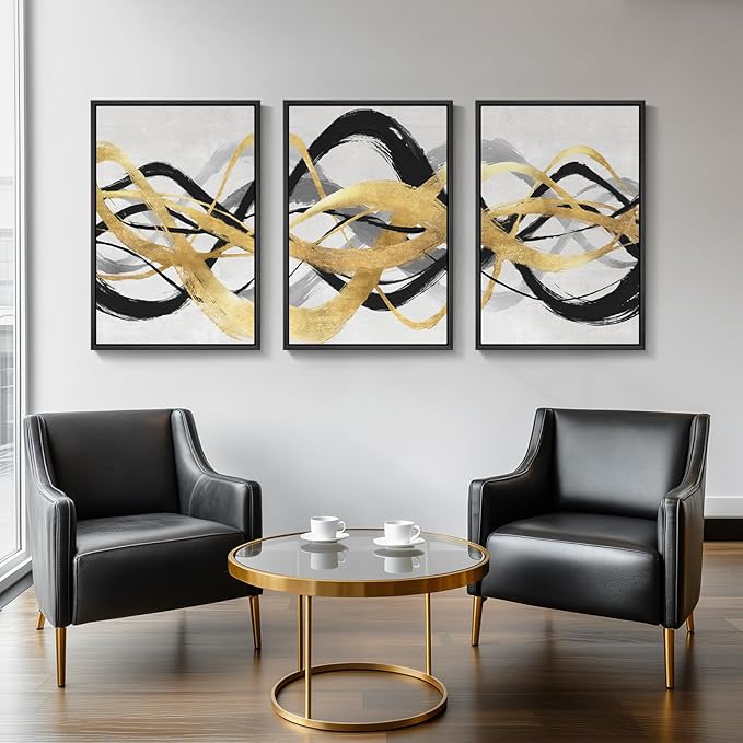 Large Framed Black White Gold Abstract Canvas Wall Art for Living Room, 3 Piece Modern Prints Paintings Artwork for Walls, Black Gold Spiral Line Pictures for Hallway Dining Office Wall Decor 24x36 Inch