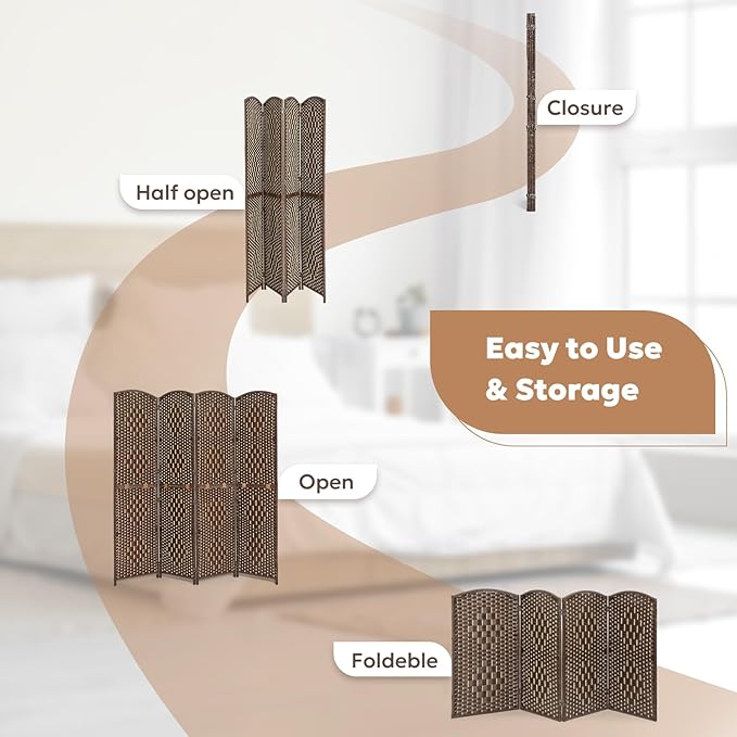 JOSTYLE Room Divider 6FT Folding Wall Divider for Room Separation Portable Privacy Screen Hand-Made Freestanding Room Partition Dividers, 2-in-1 Multifunction Room Divider Panel (Brown, 4 Panel)