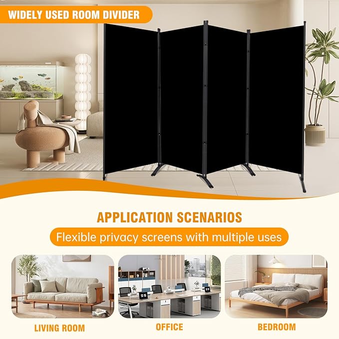 4 Panel Folding Privacy Screens, 6 FT Tall Wall Divider with Metal Frame, Freestanding Room Divider for Office Bedroom Study (4 Panel, Black)