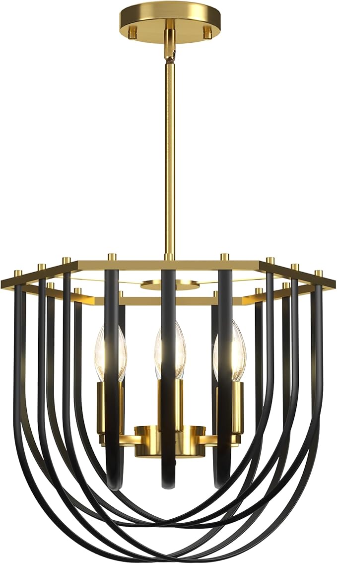6-Light Modern Farmhouse Chandelier, Black and Gold Dining Room Light Fixture, Hanging Pendant Lights Kitchen Island, Foyer Lighting Fixtures with Metal Frame, for Living Room, Bedroom, Entryway