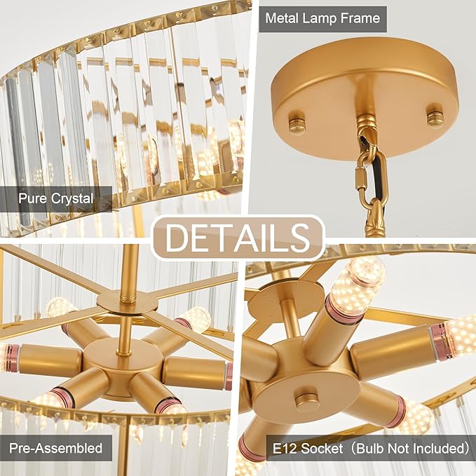 Modern Crystal Gold Chandelier for Dining Room,19.7 inch Semi Flush Mount Ceiling Dining Room Light Fixture with E12 Base*6,Round Pendant Lighting for Bedroom Hallway Bathroom Foyer Kitchen