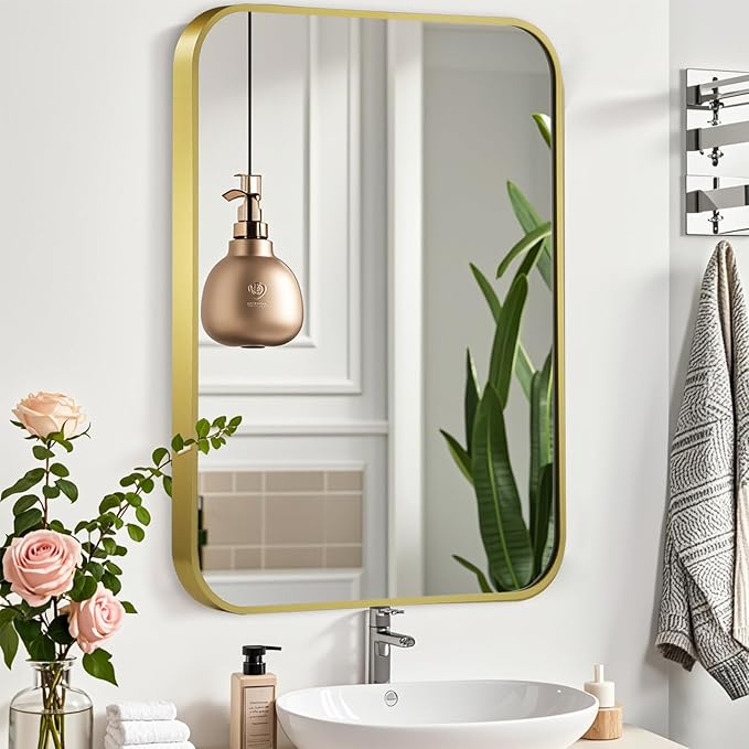 48x30 Inch Gold Mirror, Framed Rectangle Mirror with Rounded Corner, Brushed Brass Mirror, Gold Bathroom Mirror for Over Sink, Vanity, Living Room, Bedroom, Horizontal/Vertical
