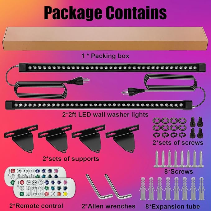 RGB Wall Washer Light with Bar 2Pack, 72W LED RGB Color Changing Landscape Wall Wash Lights, 4FT 120V Dimmable Stage Wash Light Bar for Hotel,Building,Commercial Garden Lighting