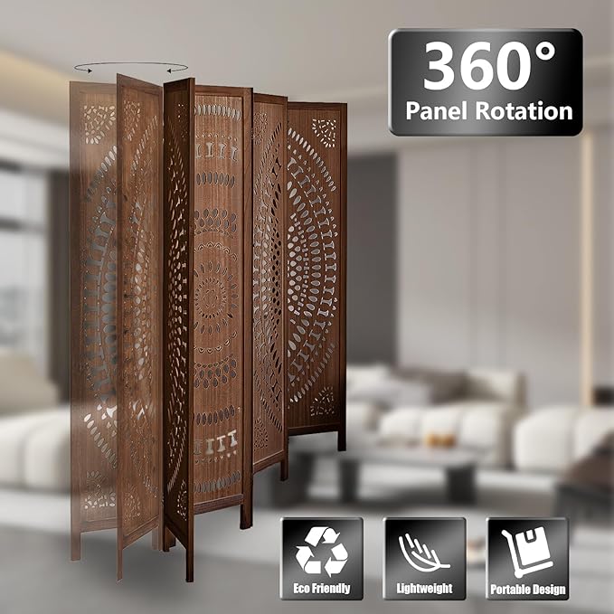 6 Panel Wood Room Divider Fully Assembled, Decorative Room Dividers and Folding Screens, 5.6Ft Room Divider Screen Freestanding Partition Wall Dividers for Home Bedroom Office, Dark Brown