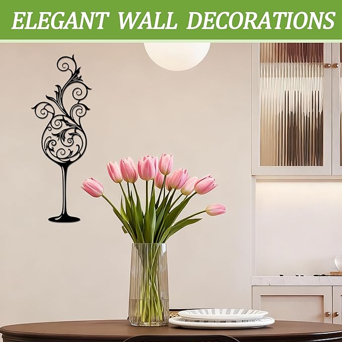 Roucerlin Wine Glass Metal Wall Art for Kitchen Black Bar Wall Decor Vintage Bar Metal Sign Wine Cup Sculpture Rustic Decorations for Dinning Room Bedroom Restaurant Lover Gifts (black)