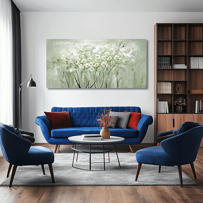 MLART99 Modern Artwork Wall Decor White Flowers Picture Art 24"x48" Plant Wall Art Decorations for Living Room Office