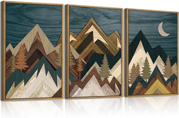 BINCUE Framed Mountain Wall Art Landscape Wall Decor Moon and Nature Artwork for Bedroom Living Room Office 16x24 Inches Set of 3