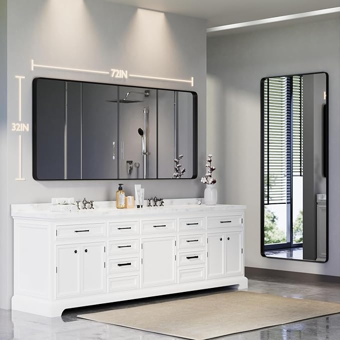 72x32 Inch Black Metal Framed Bathroom Mirror for Wall, Rounded Rectangle Mirror, Matte Framed Large Vanity Mirror Farmhouse, Tempered Glass, Hangs Horizontally or Vertically