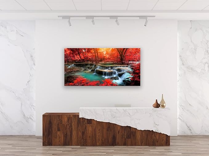 Muolunna BK03962 Wall Art Decor Canvas Print Picture Red Forest Waterfalls 1 Piece Modern Landscape Tree for Living Room Bedroom Kitchen Office Home Decorations Stretched and Framed Ready to Hang