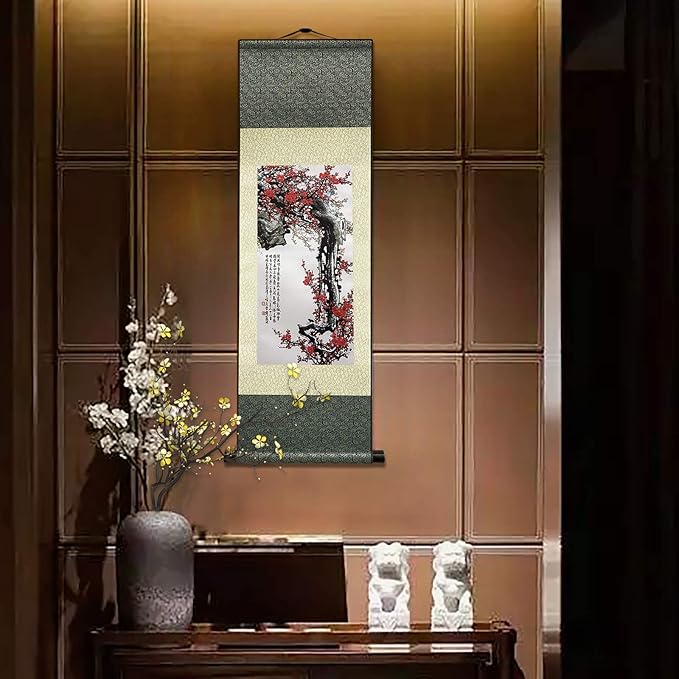 AtfArt Asian Wall Decor Beautiful Silk Scroll Painting Flowers - Proud Plum - Iron Heart Oriental Decor Chinese Art Wall Scroll Wall Hanging Painting Scroll (36.2 x 12 in)