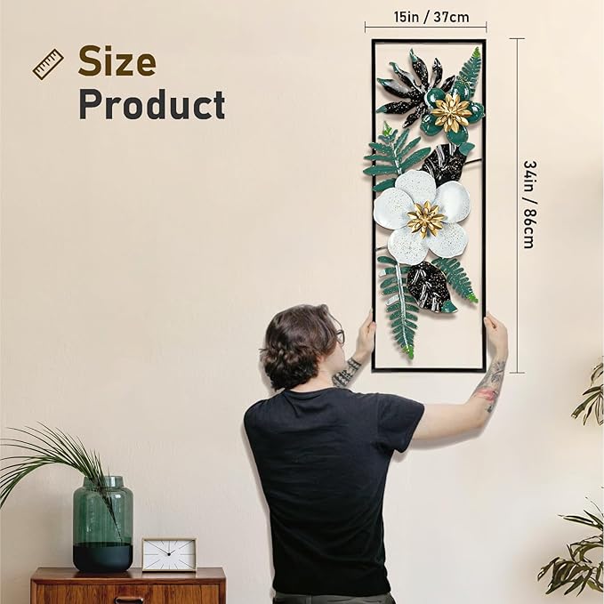 Metal 3D Wall Art Decor 2 Pcs 34" x 15" Wall Decor Handmade Green Leaf Flower Hanging Home Decor with Frame Wall Sculptures Modern for Living Room, Bedroom, Dining Room, Office and Hotel Large