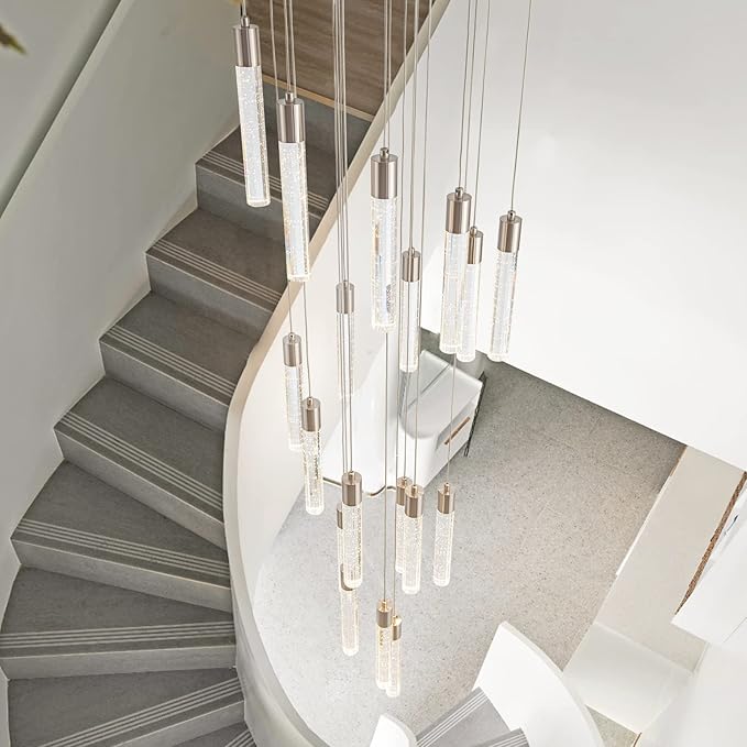 Brushed Nickel 18 Lights Large Foyer Chandeliers for High Ceilings 70 feet Long Spiral Stair Pendant Chandelier Crystal Ceiling Light Fixtures Dimmable 3000k-4000k-6000k