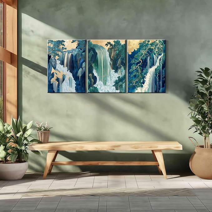 Framed Japanese Waterfall Canvas Wall Art Japanese Style Triptych Painting Nature Scenery Poster Print Oriental Gallery Style Decorative Painting Living Room Bedroom 16×24 Inch Ready to Hang