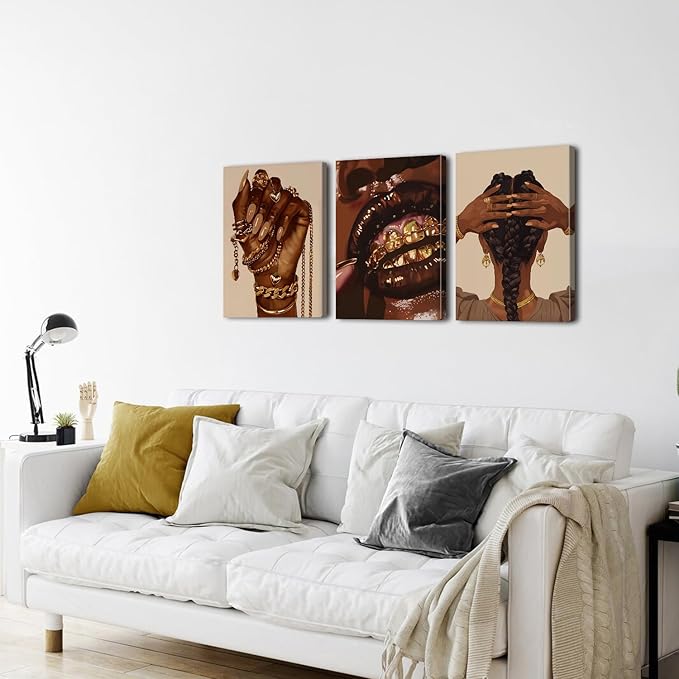 Black Girl Canvas Wall Art Living Room Modern Abstract Gold Jewelry Accessories Canvas Painting African Female Framed Artwork Woman Room Decor Living Room Bathroom Fashion Home Decorations 16x24 3Pcs