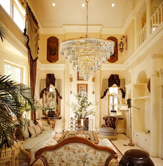 Large Gold Crystal Chandelier 27 Light 7-Tier Modern Luxury Hanging Light Fixture High Ceiling E12 Base Chandelier for Dining Room Living Room 40in