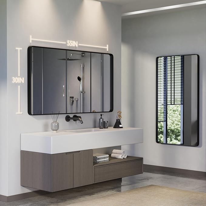 Black Bathroom Mirror for Wall, 55x30 Inch Matte Black Framed Bathroom Vanity Mirror for Farmhouse Living Room Bedroom, Anti-Rust, Tempered Glass, Rounded Corner Horizontal/Vertical