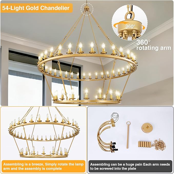60" 2-Tier Wagon Wheel Chandelier, 54-Light Farmhouse Large Gold Chandelier Round Modern Rustic Industrial Adjustable Height for High Ceiling Living Room, Entryways, Foyer, Dining Room