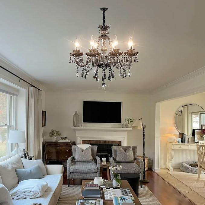 Luxurious Smoky Gray Crystal Chandelier for Living Room, Antique 6-Lights Teardrop Candle Chandelier Pendant Ceiling Lighting Fixture for Kitchen Dinner Party Closet Entryway of CRYSTOP