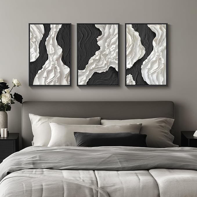 Large Framed Black and White Abstract Wall Art, 3 Piece Modern Canvas Prints Paintings Artwork for Walls, Minimalist Black White Wall Pictures for Living Room, Dining Room, Bedroom, Office Wall Decor