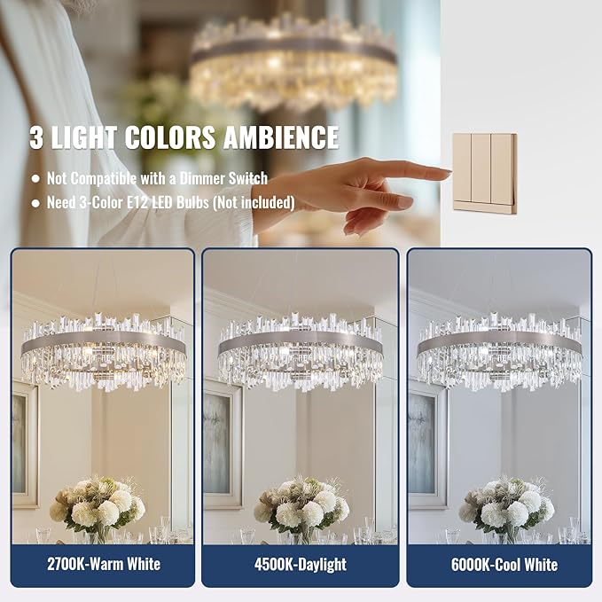 Modern Dining Room Crystal Chandelier, 16-Light Chrome Silver Round Chandelier, 31.5-inch K9 Crystal Raindrop Ceiling Light, Luxury Flush Mount Light Fixture for Kitchen Living Room Entryway