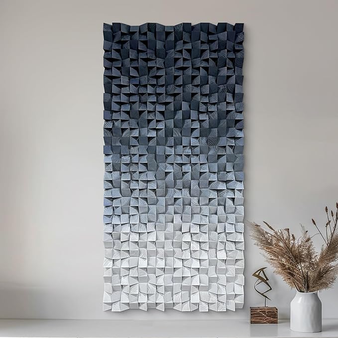 LIUZEYUE - 3D wooden block decoration painting art wall decoration 3D wooden background wall living room bedroom study (blue gray gradient) 35.4"x70.8"