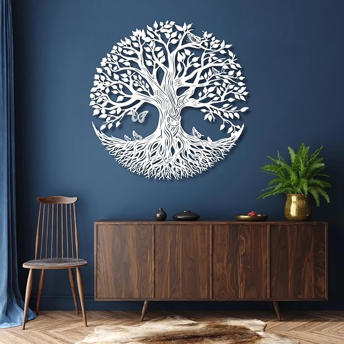 Metal Tree of Life Wall Decor, Circle of Life Metal Trees Wall Art, Branch Art, Spiritual Decor, Modern Sculpture Decoration, Living Room Bedroom Decoration (Sliver-Tree 4, 39"x 39"| 100x100cm)