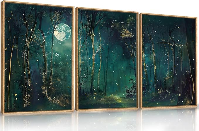 Aryroi Large Vintage Moon and Star Forest Framed Canvas Wall Art,Mystical Night Sky Scenery Wall Decor,Moody Tree Landscape Artwork,Magical Midnight Art Print for Living Room,Bedroom,Office- 16"x24"x3