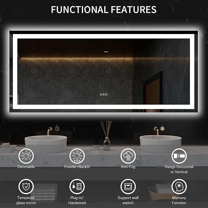 LOAAO 60X28 LED Bathroom Mirror with Lights, Anti-Fog, Dimmable, Backlit + Front Lit, Lighted Bathroom Vanity Mirror for Wall, Memory Function, Tempered Glass, ETL Listed
