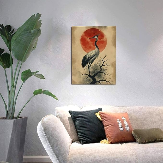 Japanese Crane Wall Art Oriental Asian Wall Decor Sandhill Crane Canvas Pictures Paintings Prints Japan Traditional Aesthetic Artwork Framed Chinese Decorations For Bedroom Living Room Office Gifts 12" x 16"