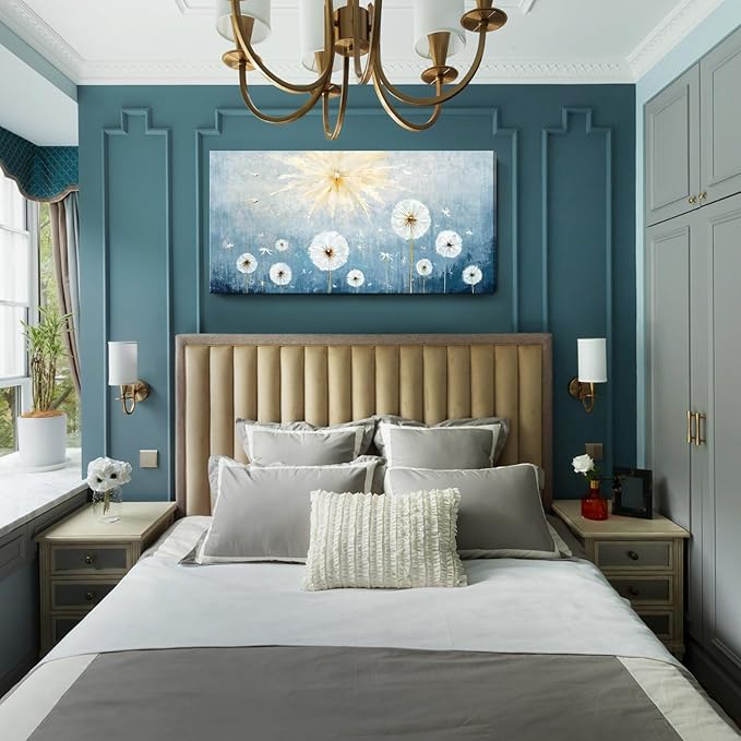 Nicetop Large Canvas Wall Art for Living Room- Floral Landscape Artwork Gallery Wrapped Nature Wildflower Dandelion Print Botanical Flower Picture Bedroom Office Decor,Blue and White, 48x24 Inch