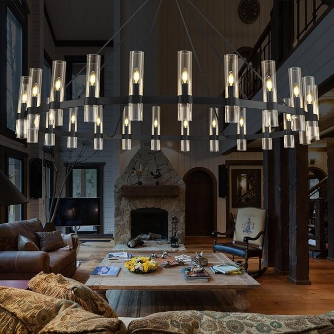 Black Wagon Wheel Chandelier, 70 Inch Glass Chandeliers, 24 Light Chandelier for High Ceiling, Modern Farmhouse Chandeliers for Living Room, Dining Room, Entryway, Stairwell(Bulbs Included)