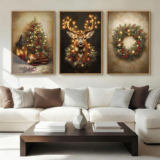 Anyzal Christmas Wall Art Winter Christmas Tree Prints Santa Elk Wall Decor for Living Room Bedroom Dining Room 16x24 Inch