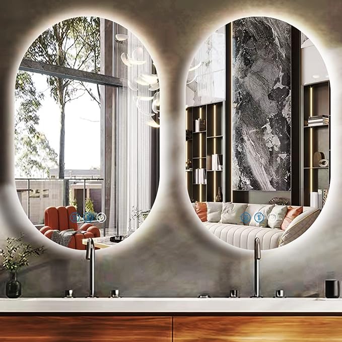 32 x 20 Inch Backlit Oval Lighted Mirror for Bathroom Wall Mounted 32" Frameless Oval LED Vanity Mirror with Lights AntiFog Smart Memory 3 Color Dimmable Backlits Ovals Mirrors