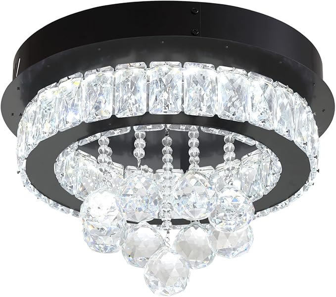 Dia 12" Mini Chandelier Flush Mount Chandelier for Hallway, Crystal Ceiling Chandeliers for Dining Room, Bedroom, Living Room, Entryway, Kitchen (Black Ceiling Light Fixture)